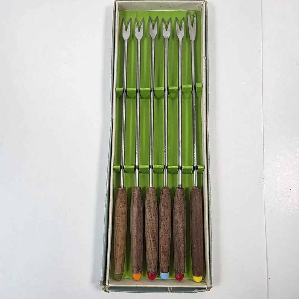 1970s Vintage Viking Fondue Forks Stainless Steel w/wooden colored handles Japan